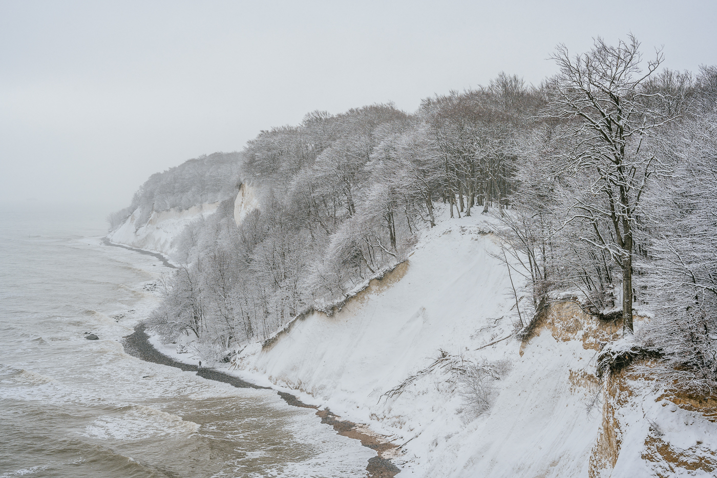 Mit Schnee bedeckte Kreideküste im Nationalpark Jasmund